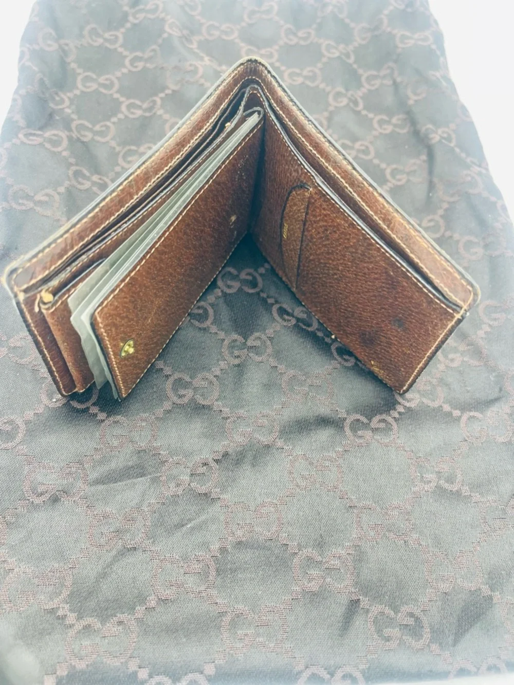 Gucci Beige Monogram Canvas Bifold Wallet with Brown Trim
